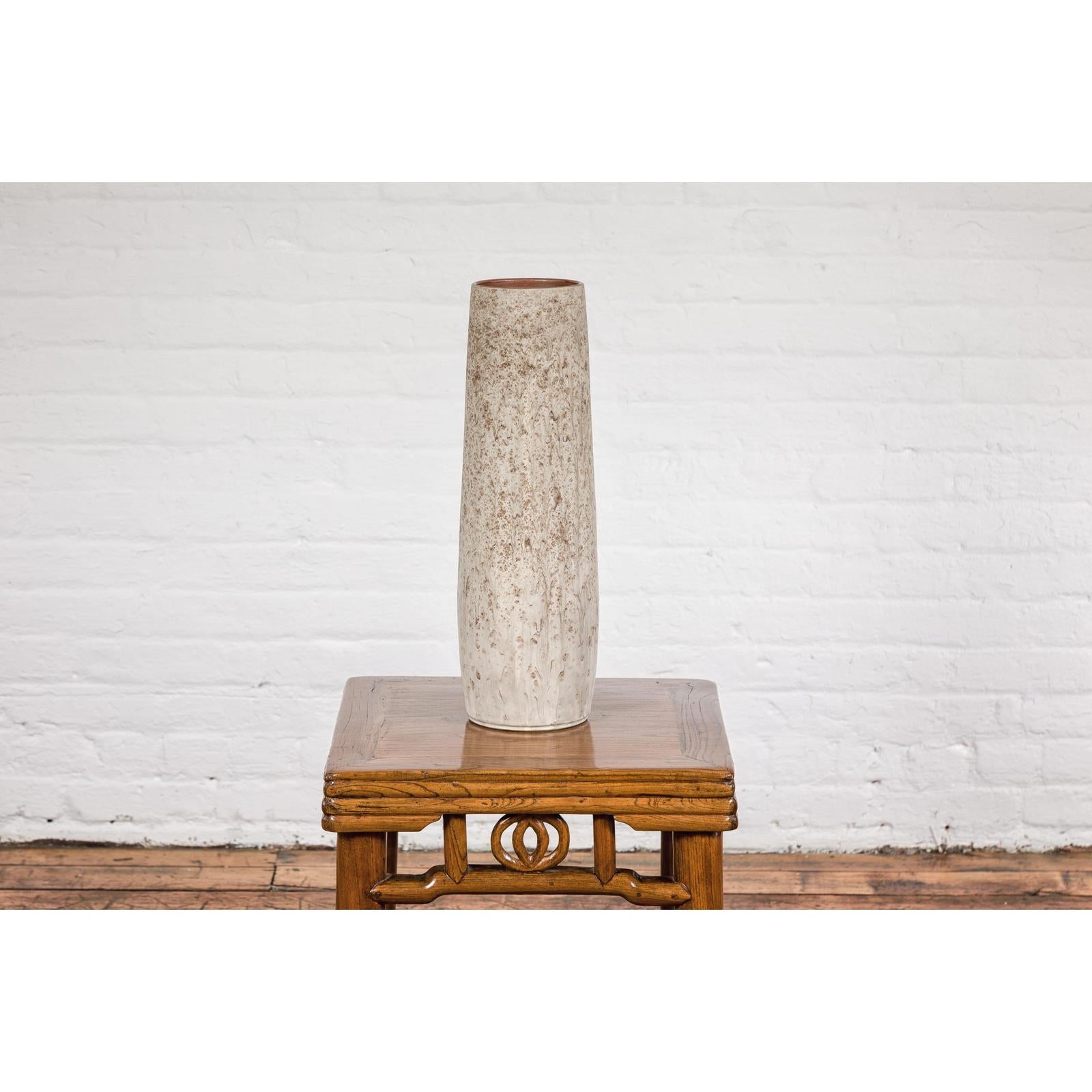 Cream & Speckled Brown Ceramic Vase with Brown Inside