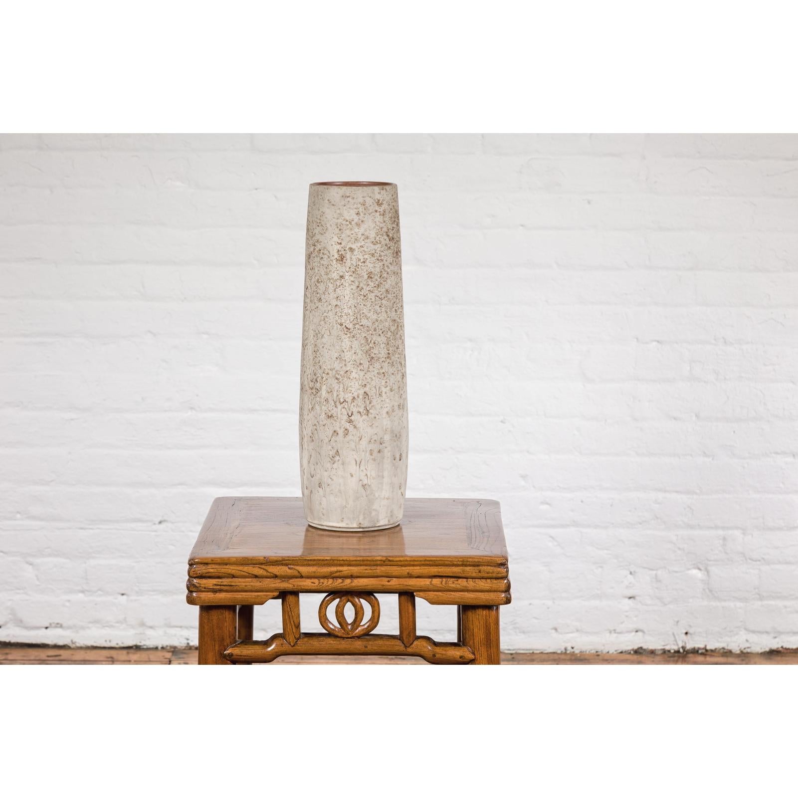 Cream & Speckled Brown Ceramic Vase with Brown Inside