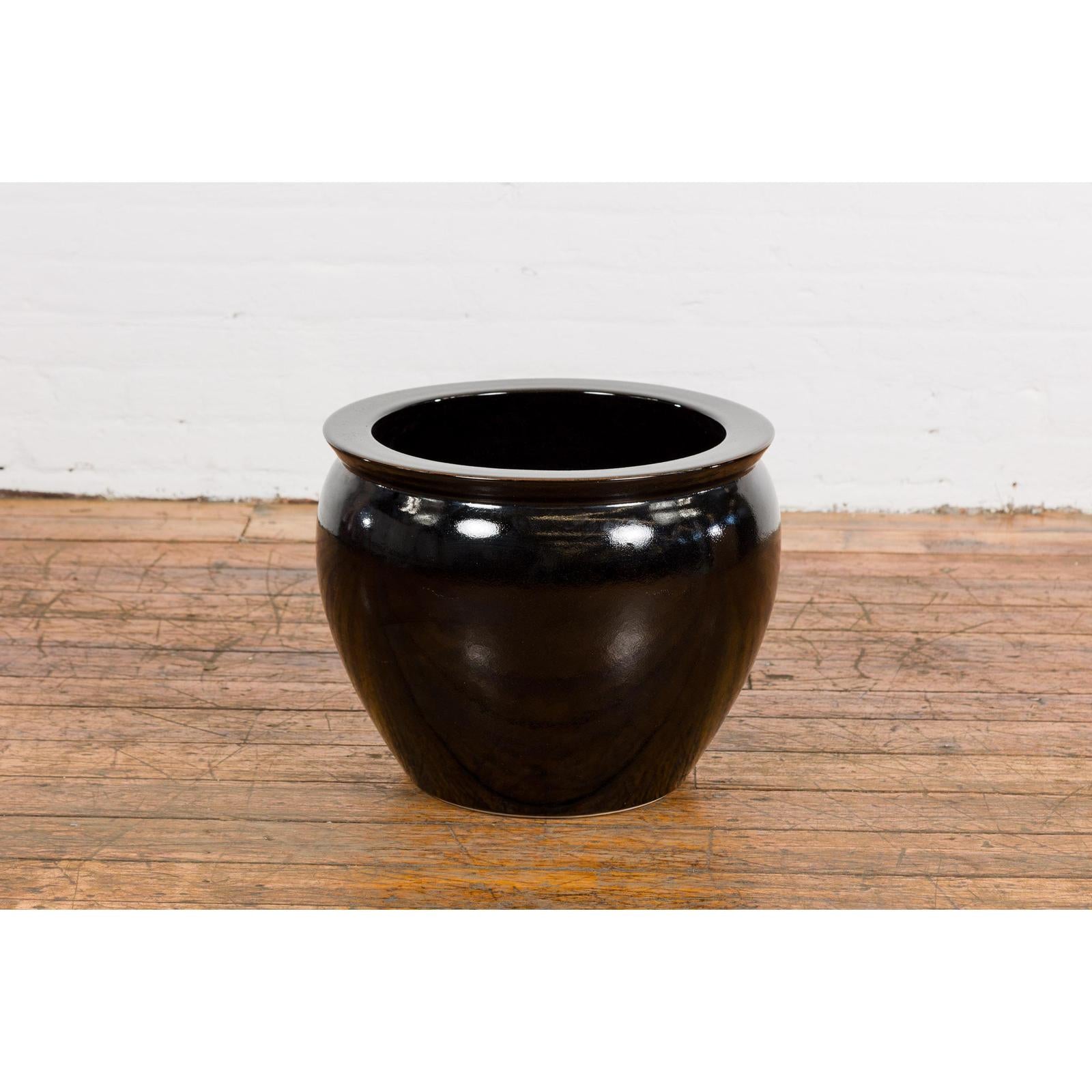 Round Vintage Black Glazed Ceramic Planter