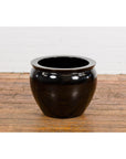 Round Vintage Black Glazed Ceramic Planter