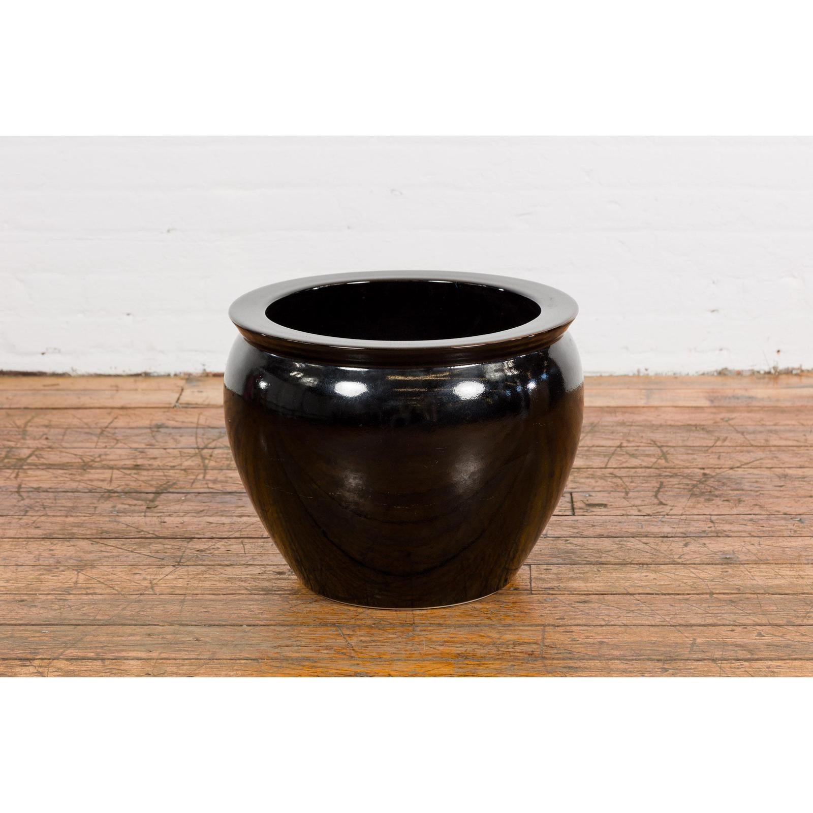 Round Vintage Black Glazed Ceramic Planter