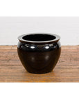 Round Vintage Black Glazed Ceramic Planter