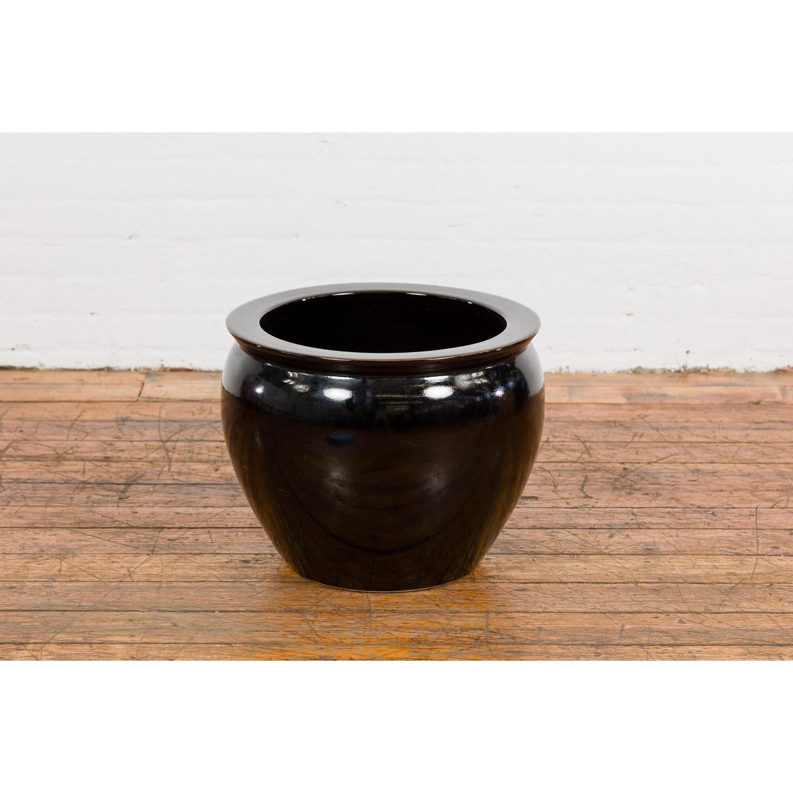Round Vintage Black Glazed Ceramic Planter