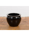 Round Vintage Black Glazed Ceramic Planter