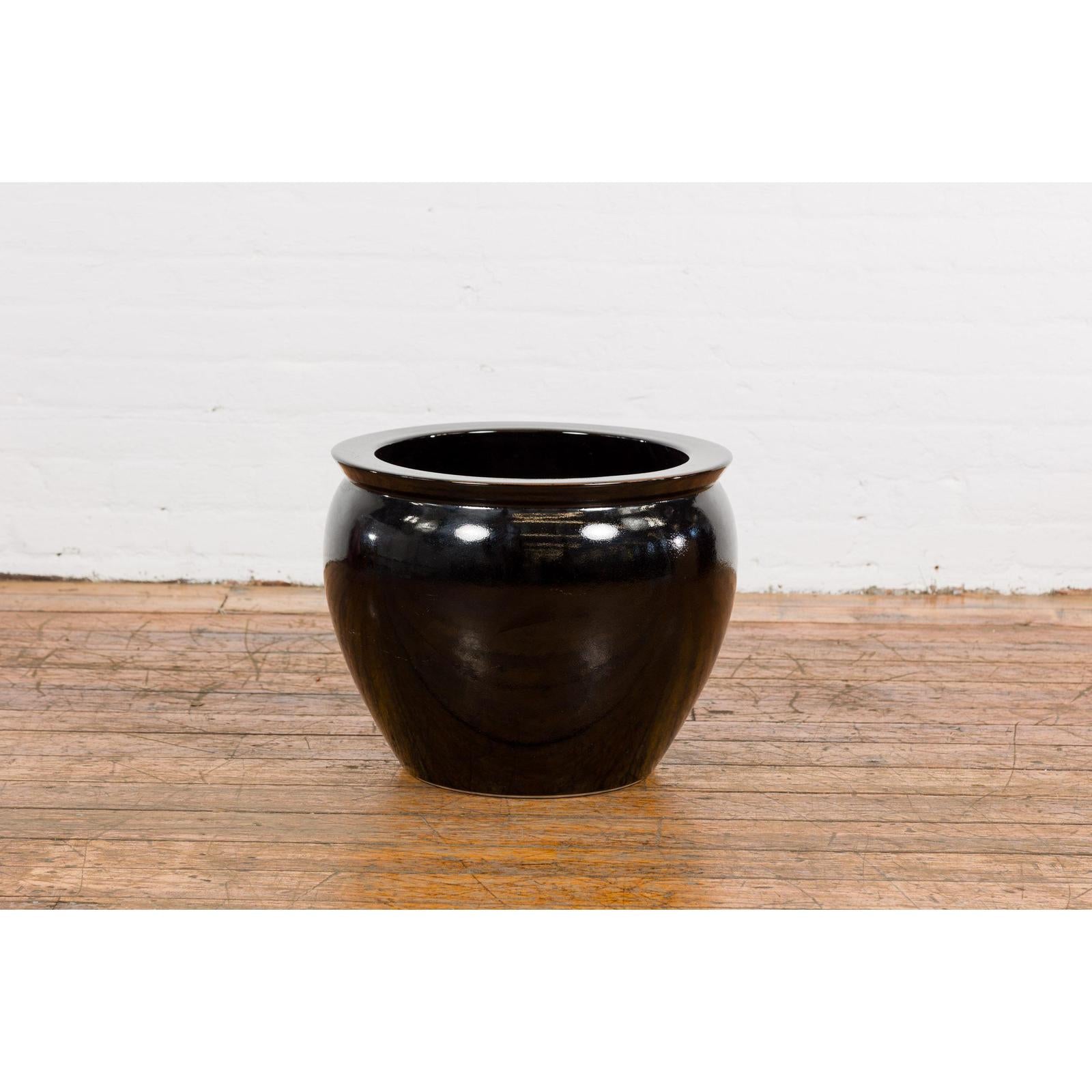 Round Vintage Black Glazed Ceramic Planter