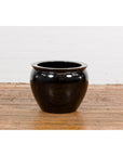 Round Vintage Black Glazed Ceramic Planter