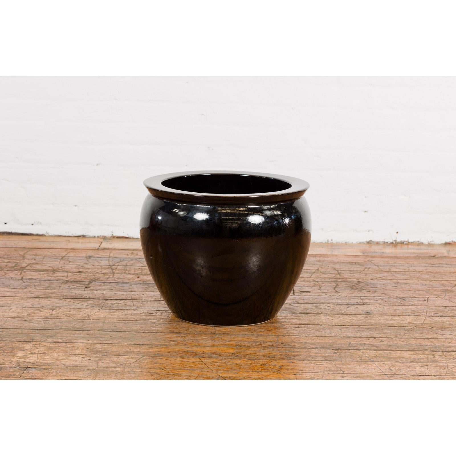 Round Vintage Black Glazed Ceramic Planter