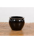 Round Vintage Black Glazed Ceramic Planter