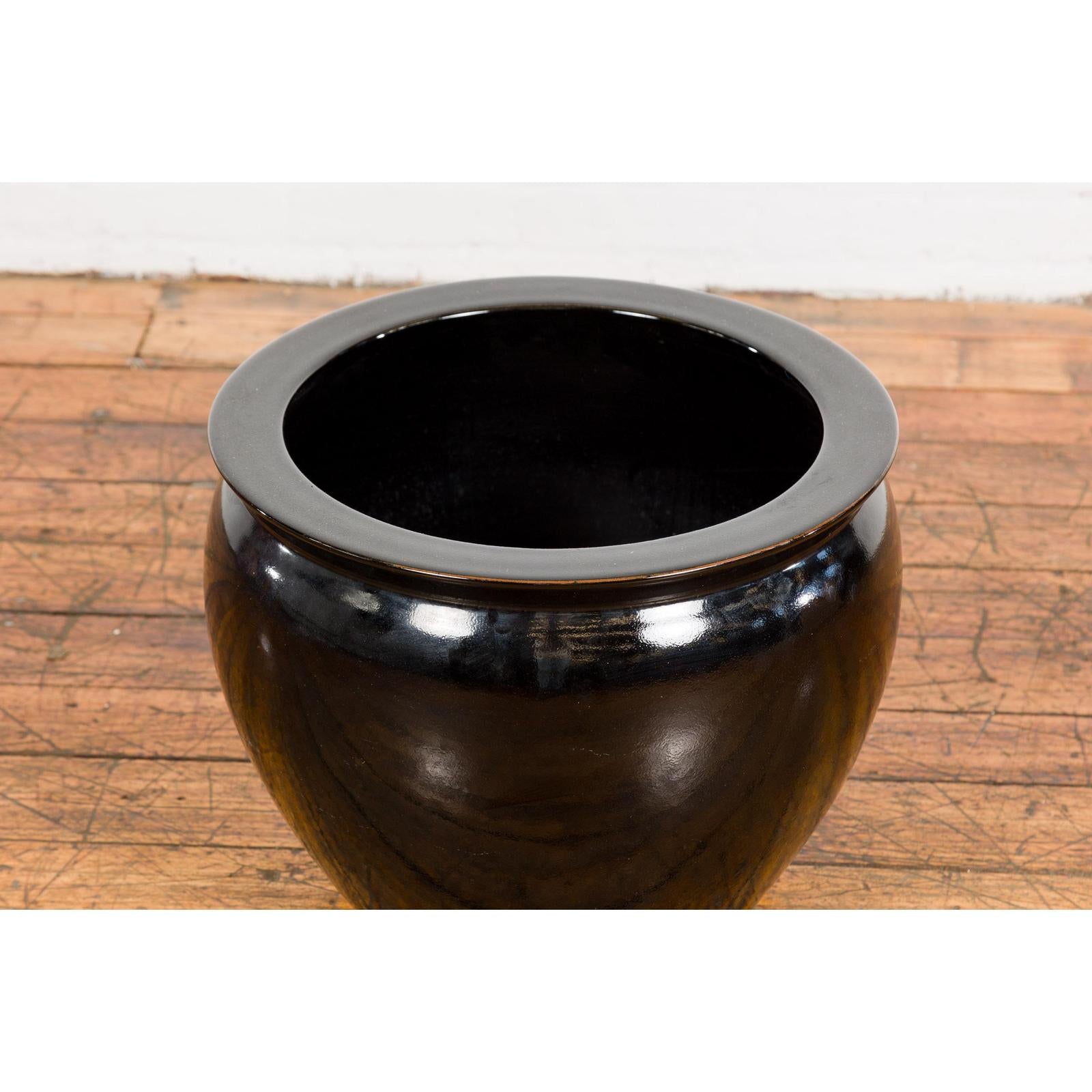 Round Vintage Black Glazed Ceramic Planter