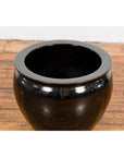 Round Vintage Black Glazed Ceramic Planter
