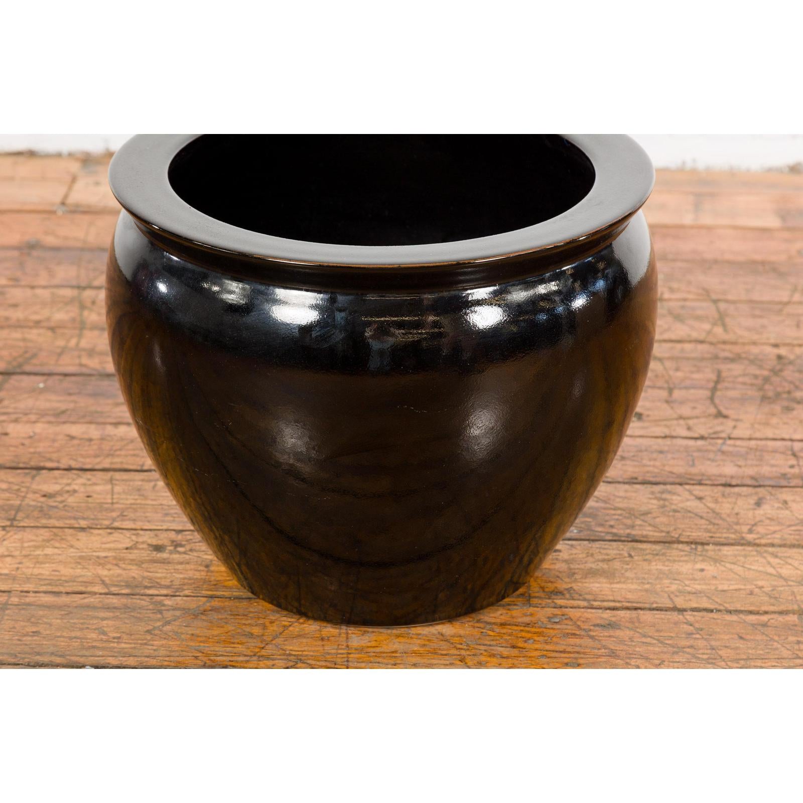 Round Vintage Black Glazed Ceramic Planter