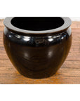 Round Vintage Black Glazed Ceramic Planter