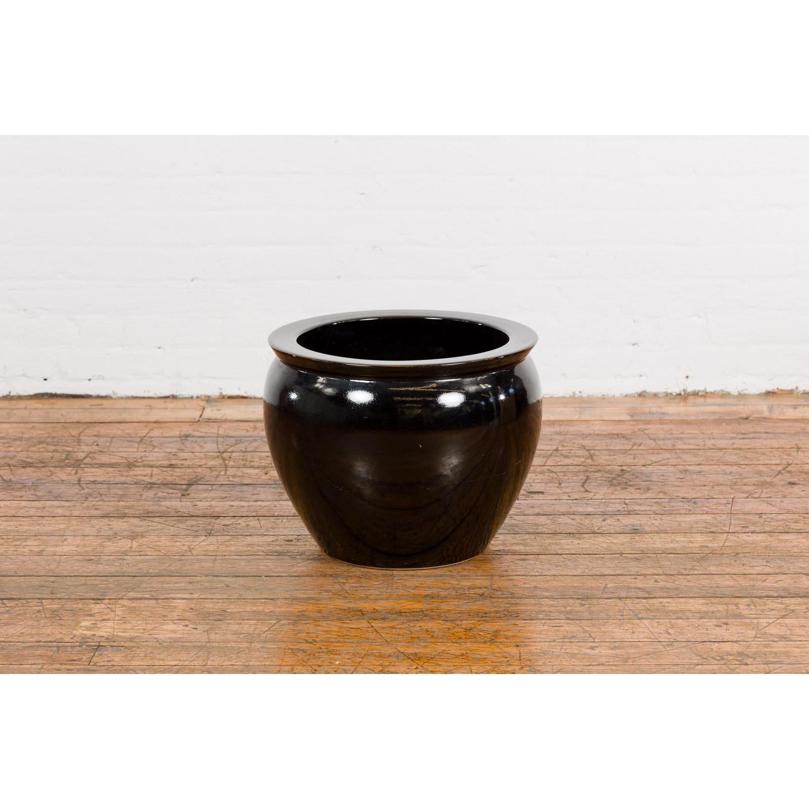 Round Vintage Black Glazed Ceramic Planter