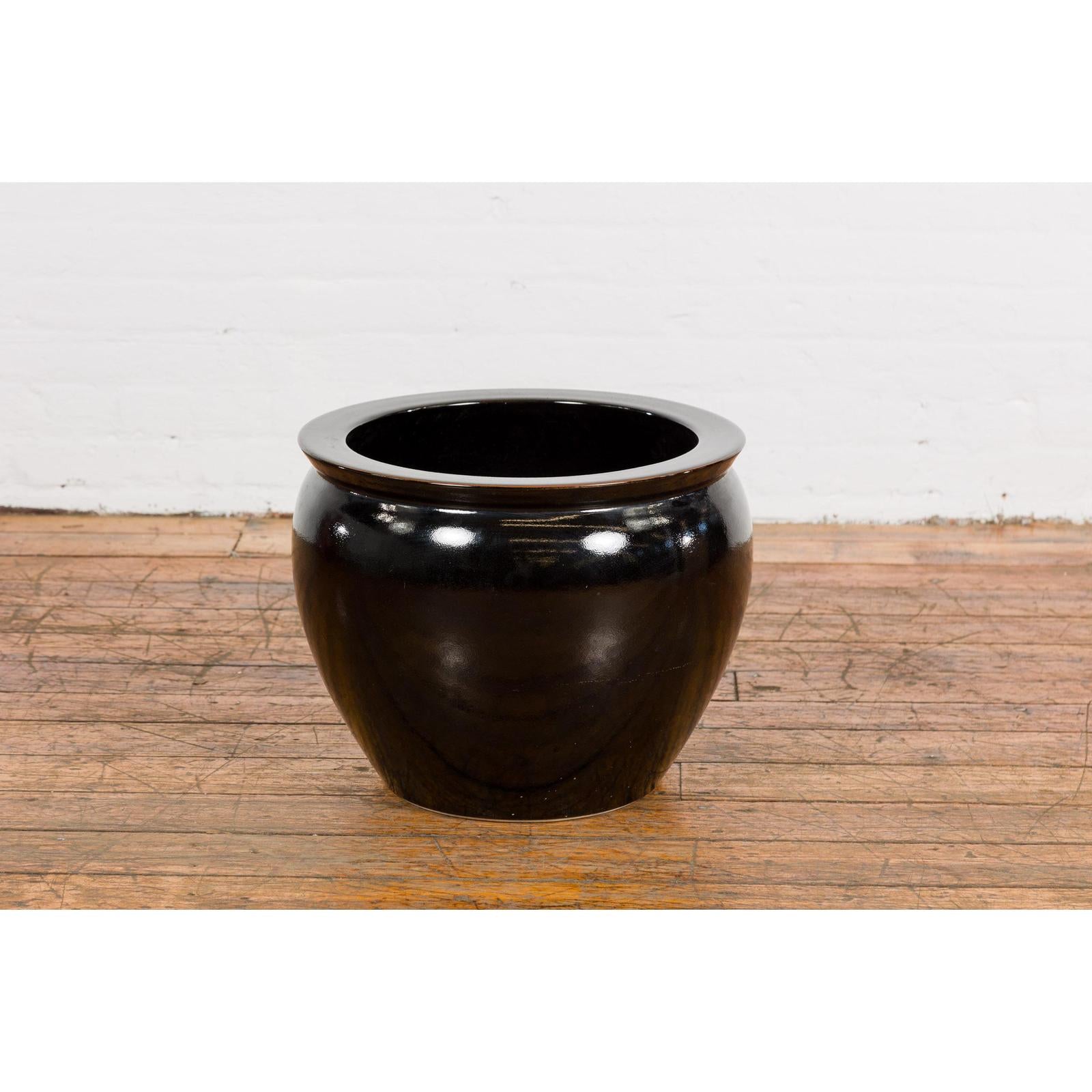Round Vintage Black Glazed Ceramic Planter