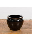 Round Vintage Black Glazed Ceramic Planter