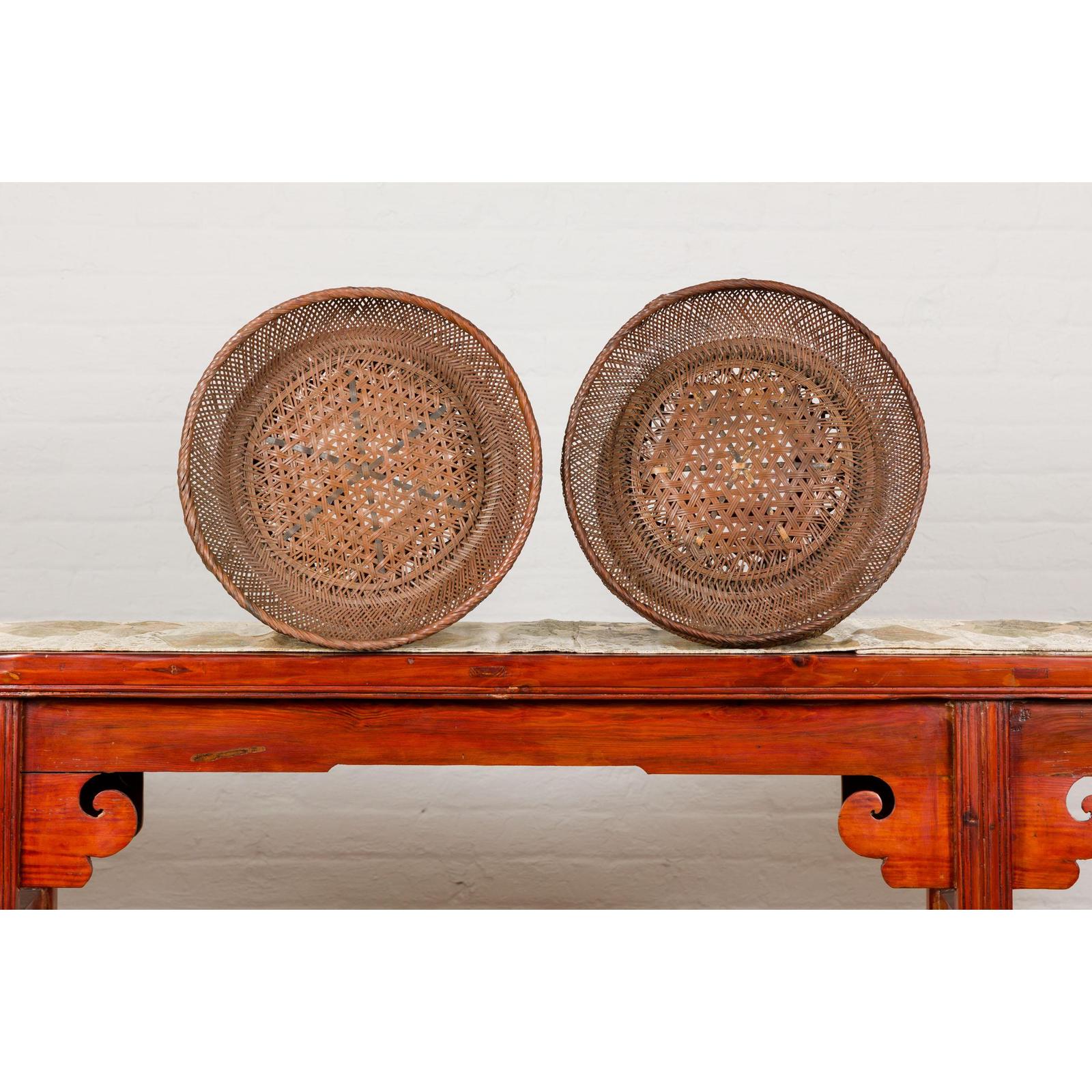 Woven Rattan Basket Trays with Circular Tops, Sold Each
