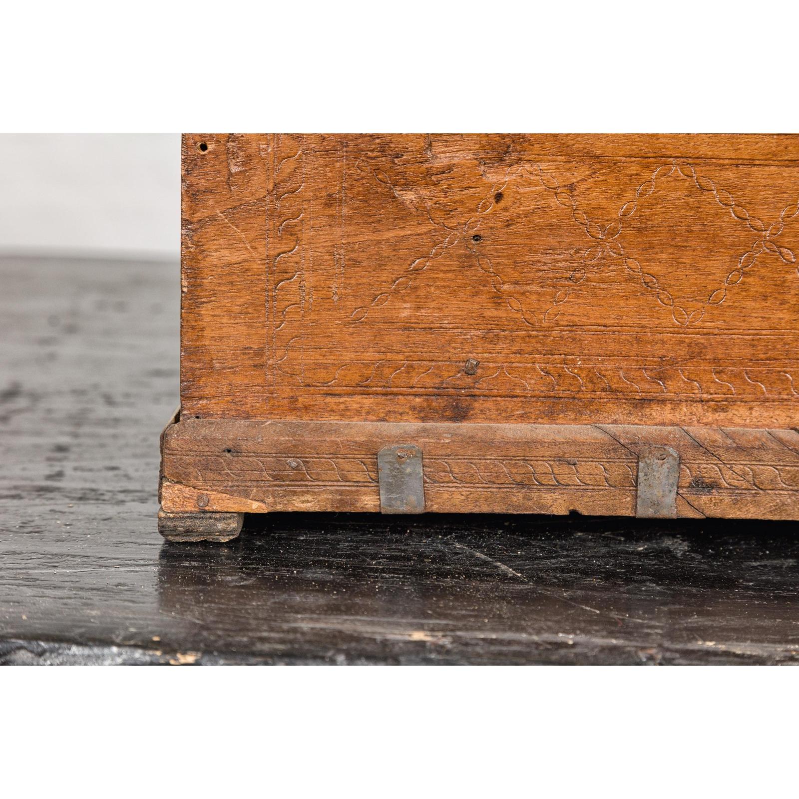 Antique Wooden Box with Diamond Motifs and Wave Patterns