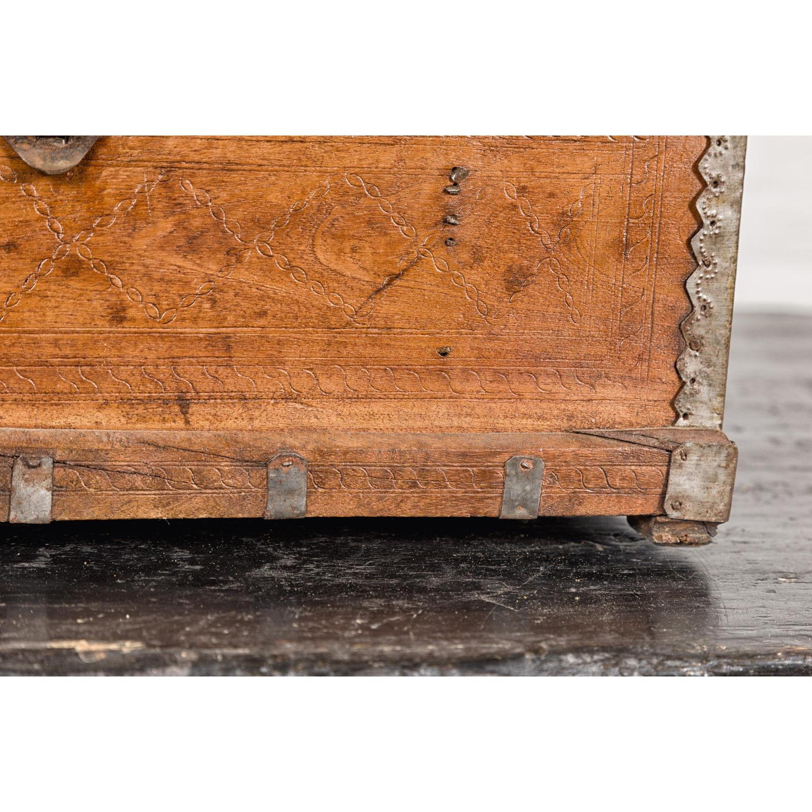 Antique Wooden Box with Diamond Motifs and Wave Patterns