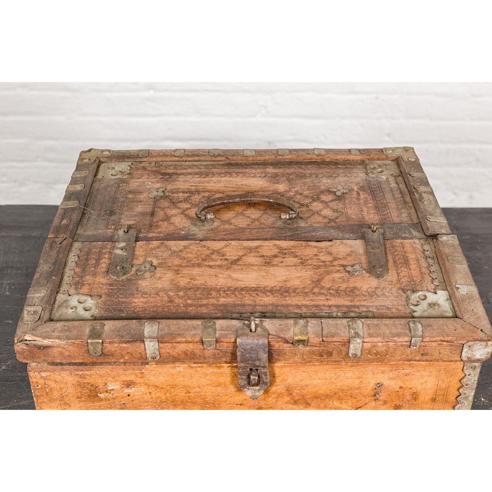 Antique Wooden Box with Diamond Motifs and Wave Patterns