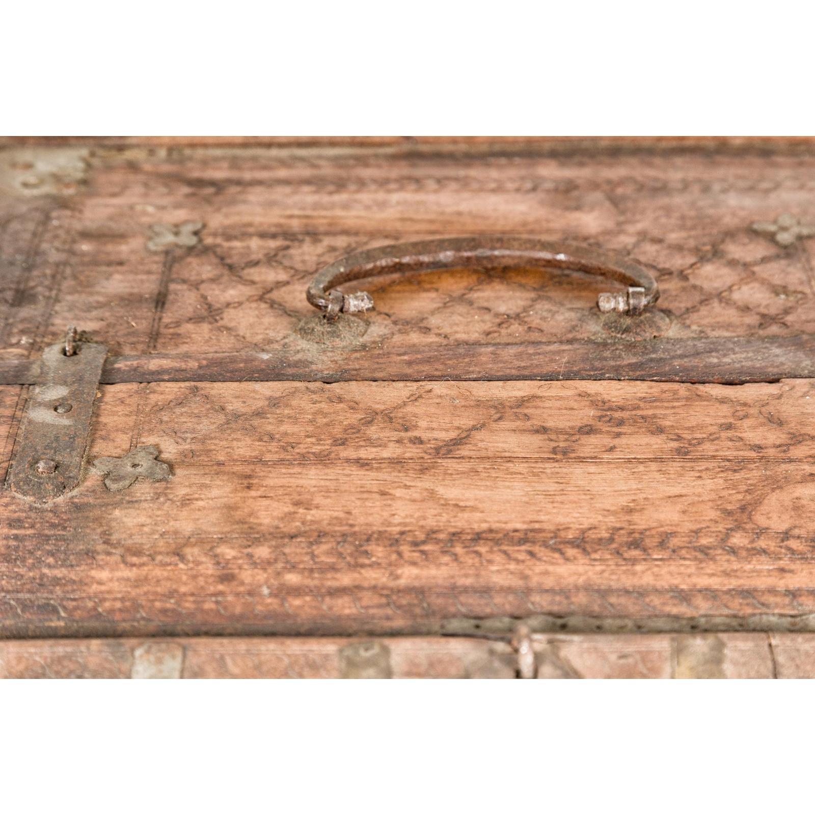 Antique Wooden Box with Diamond Motifs and Wave Patterns