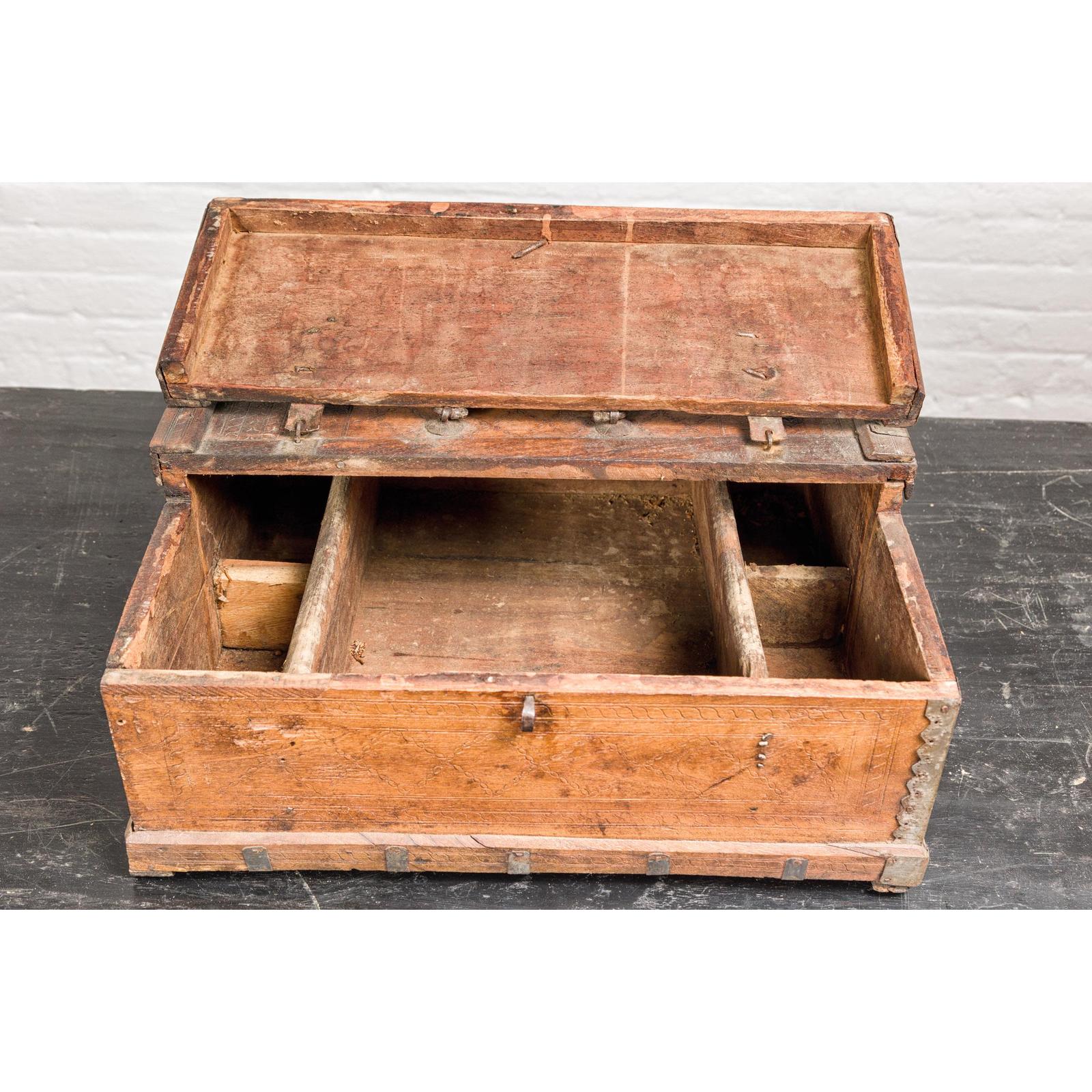 Antique Wooden Box with Diamond Motifs and Wave Patterns