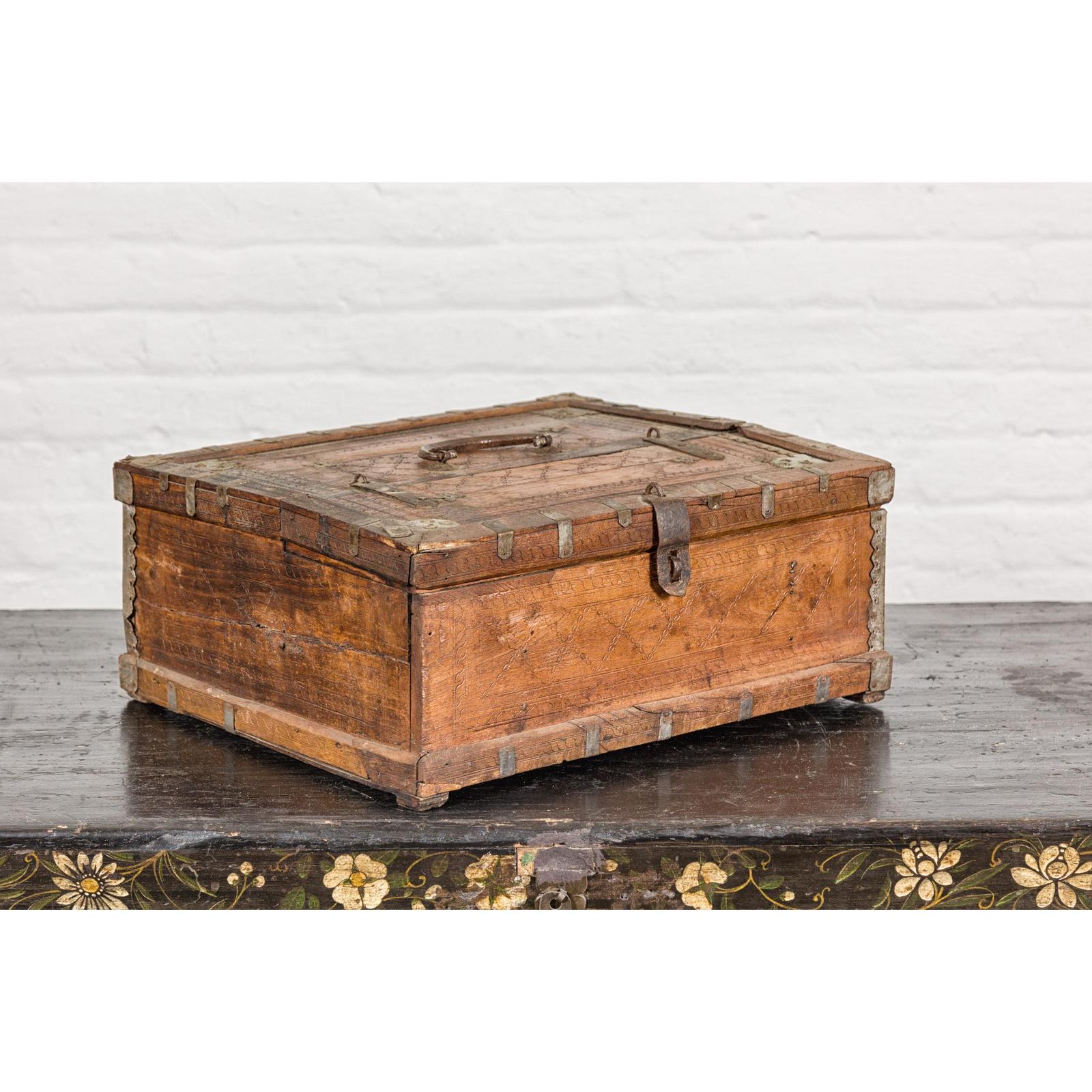 Antique Wooden Box with Diamond Motifs and Wave Patterns