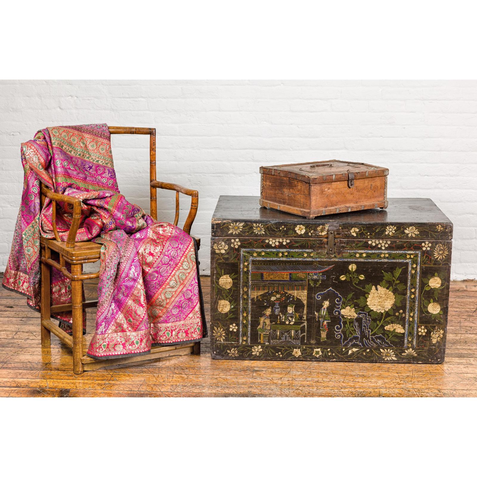 Antique Wooden Box with Diamond Motifs and Wave Patterns