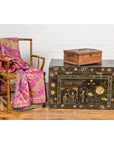 Antique Wooden Box with Diamond Motifs and Wave Patterns