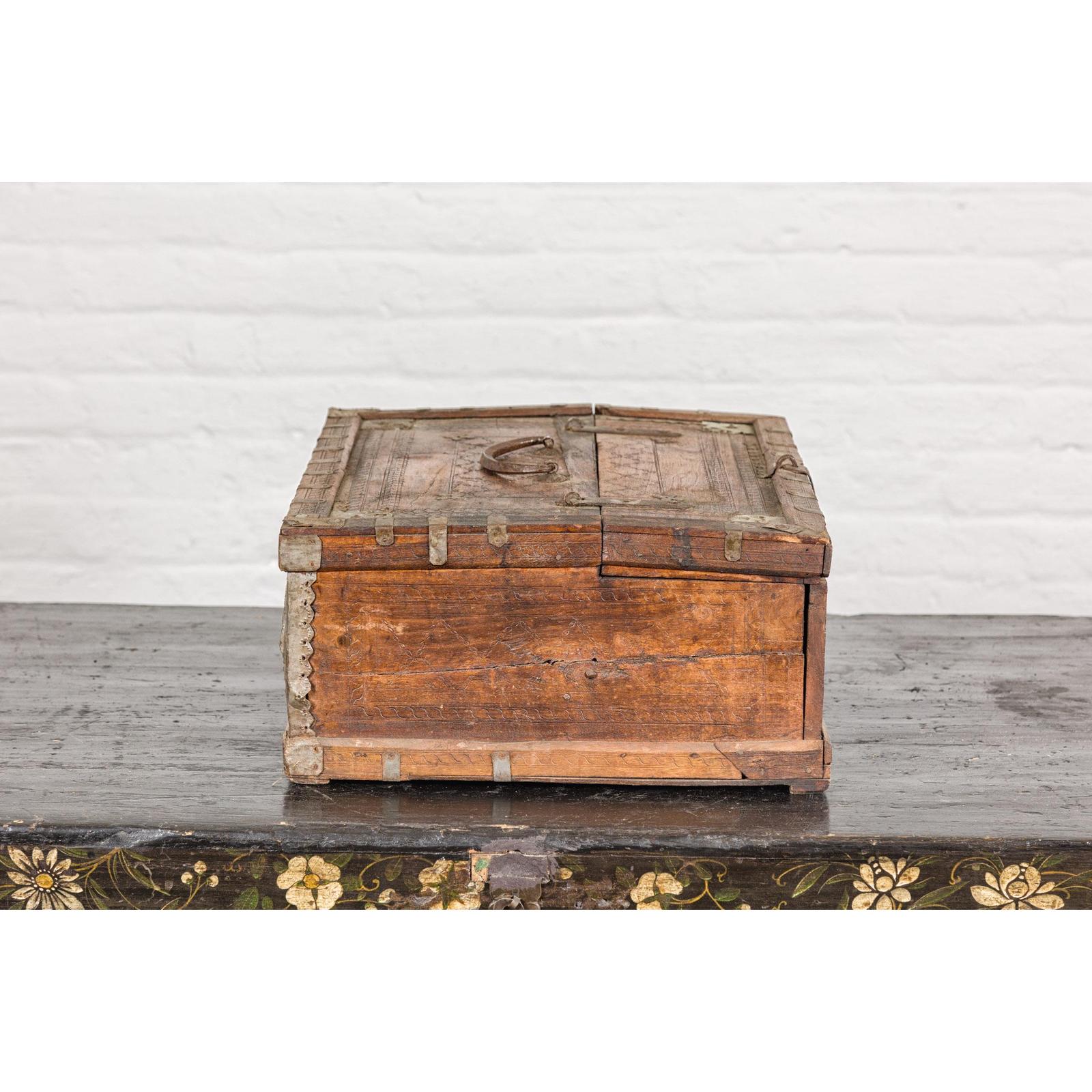 Antique Wooden Box with Diamond Motifs and Wave Patterns