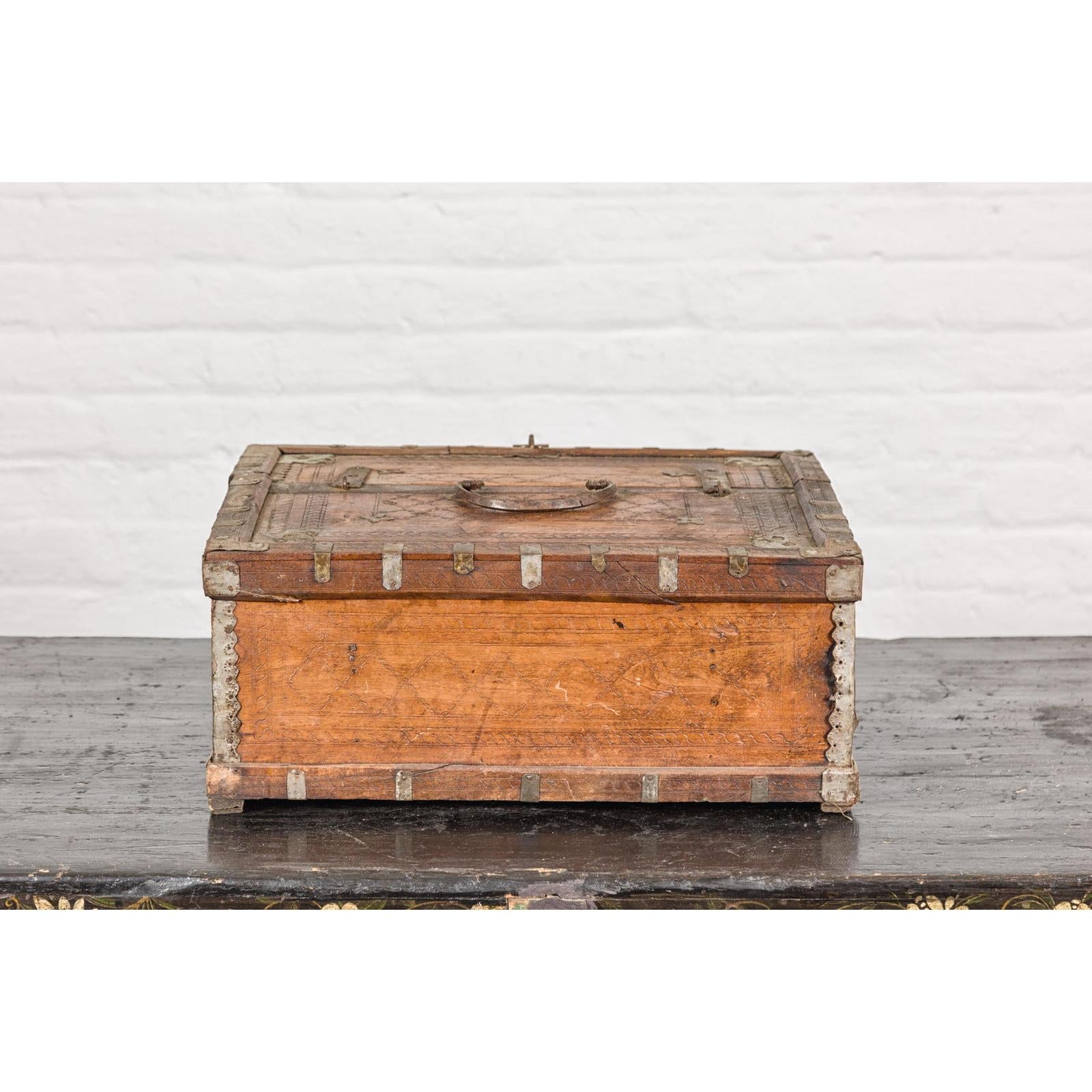 Antique Wooden Box with Diamond Motifs and Wave Patterns