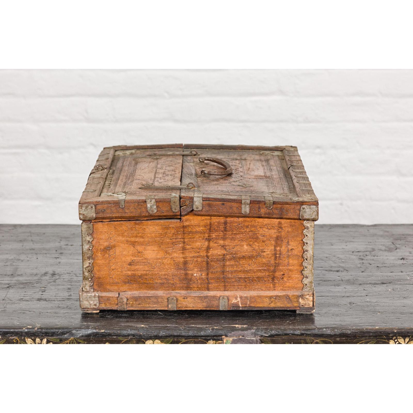 Antique Wooden Box with Diamond Motifs and Wave Patterns