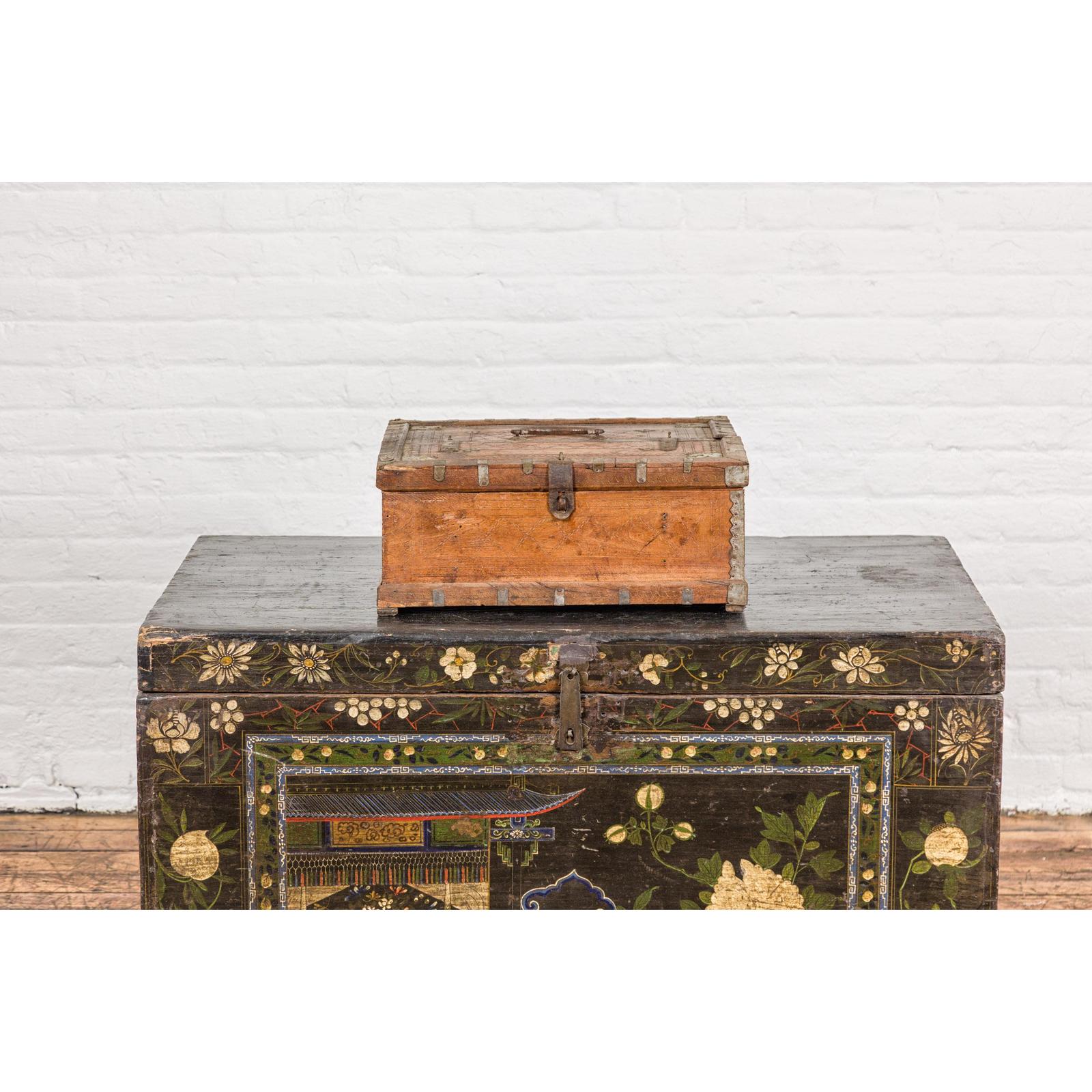 Antique Wooden Box with Diamond Motifs and Wave Patterns