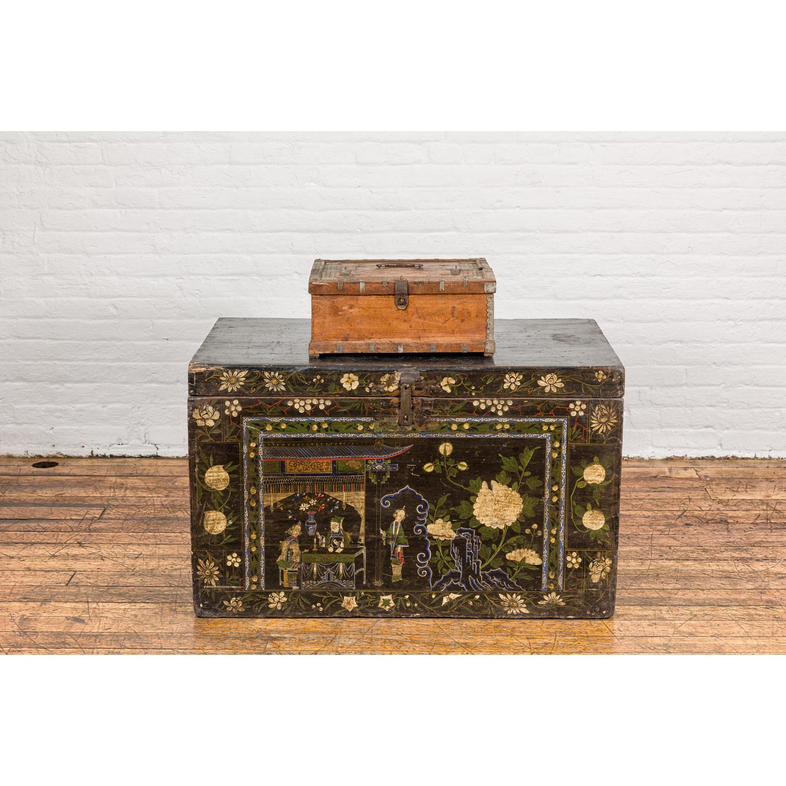 Antique Wooden Box with Diamond Motifs and Wave Patterns