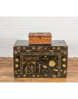 Antique Wooden Box with Diamond Motifs and Wave Patterns