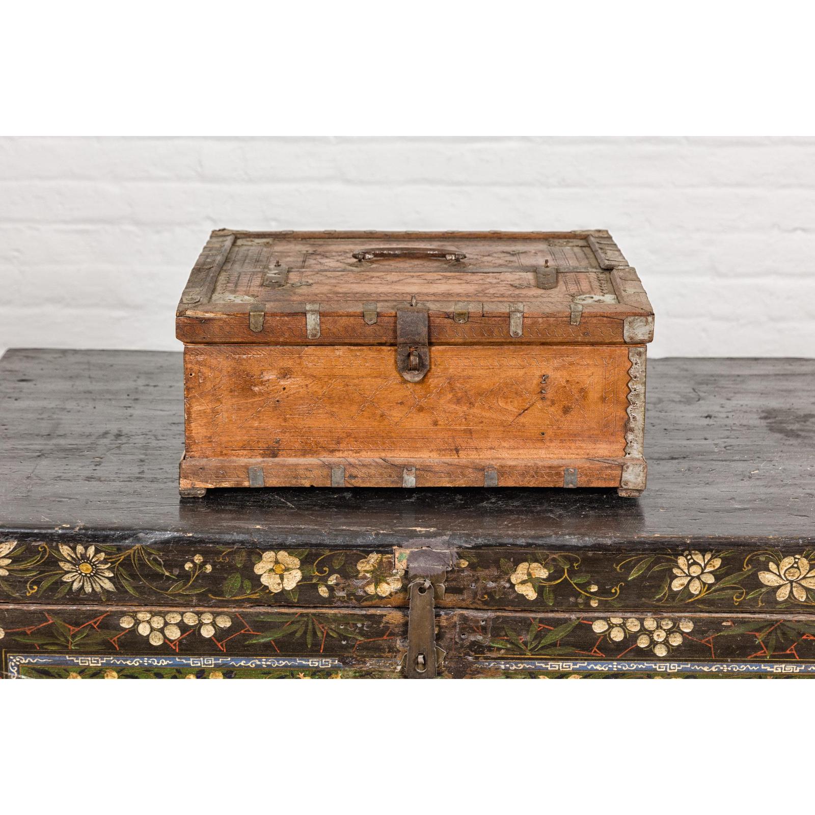 Antique Wooden Box with Diamond Motifs and Wave Patterns