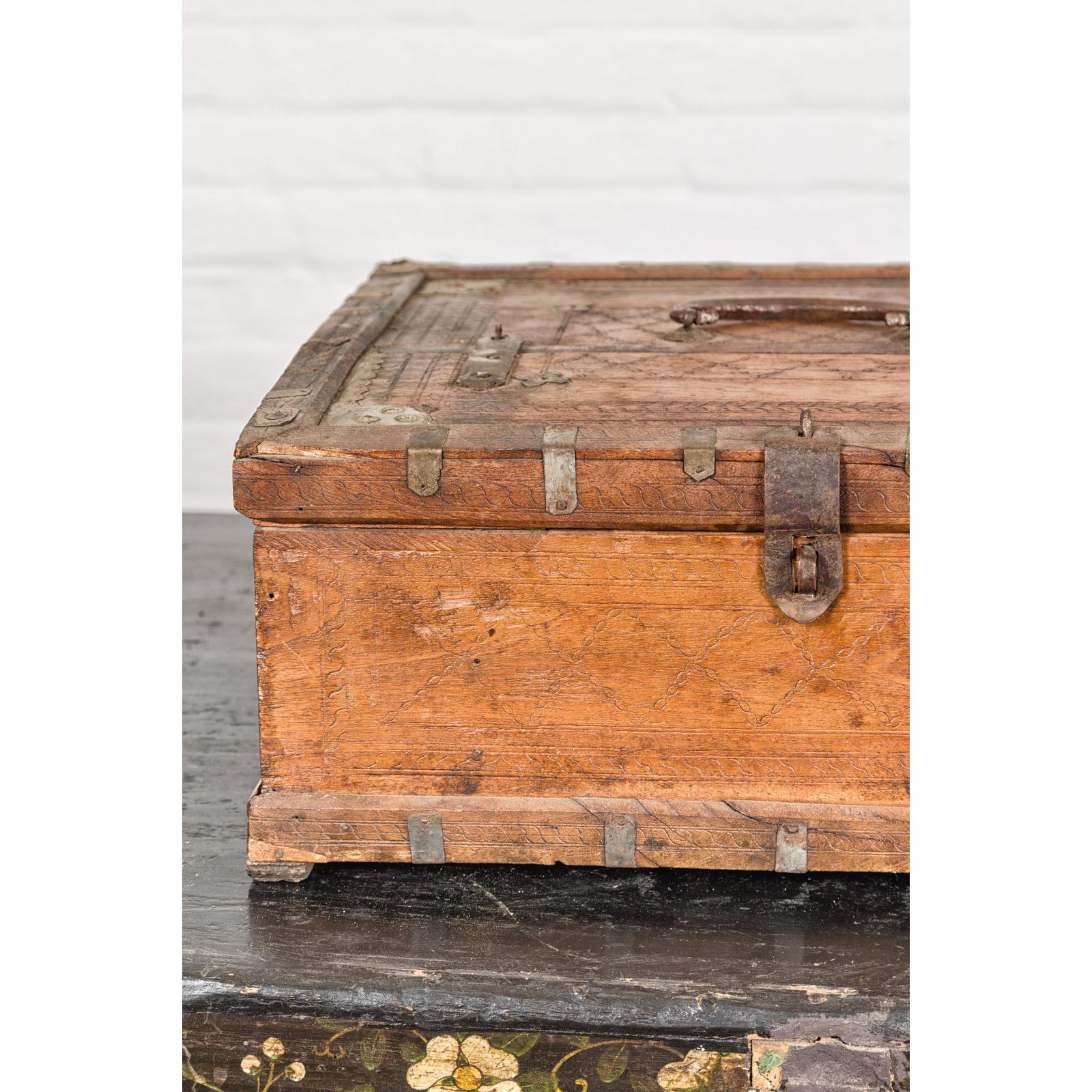 Antique Wooden Box with Diamond Motifs and Wave Patterns