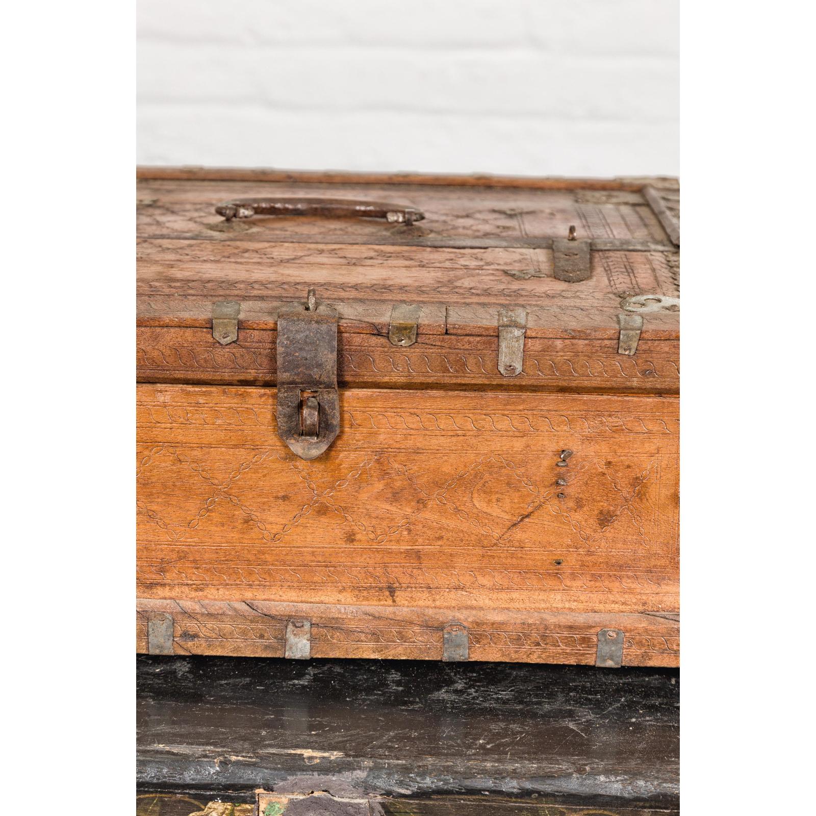 Antique Wooden Box with Diamond Motifs and Wave Patterns