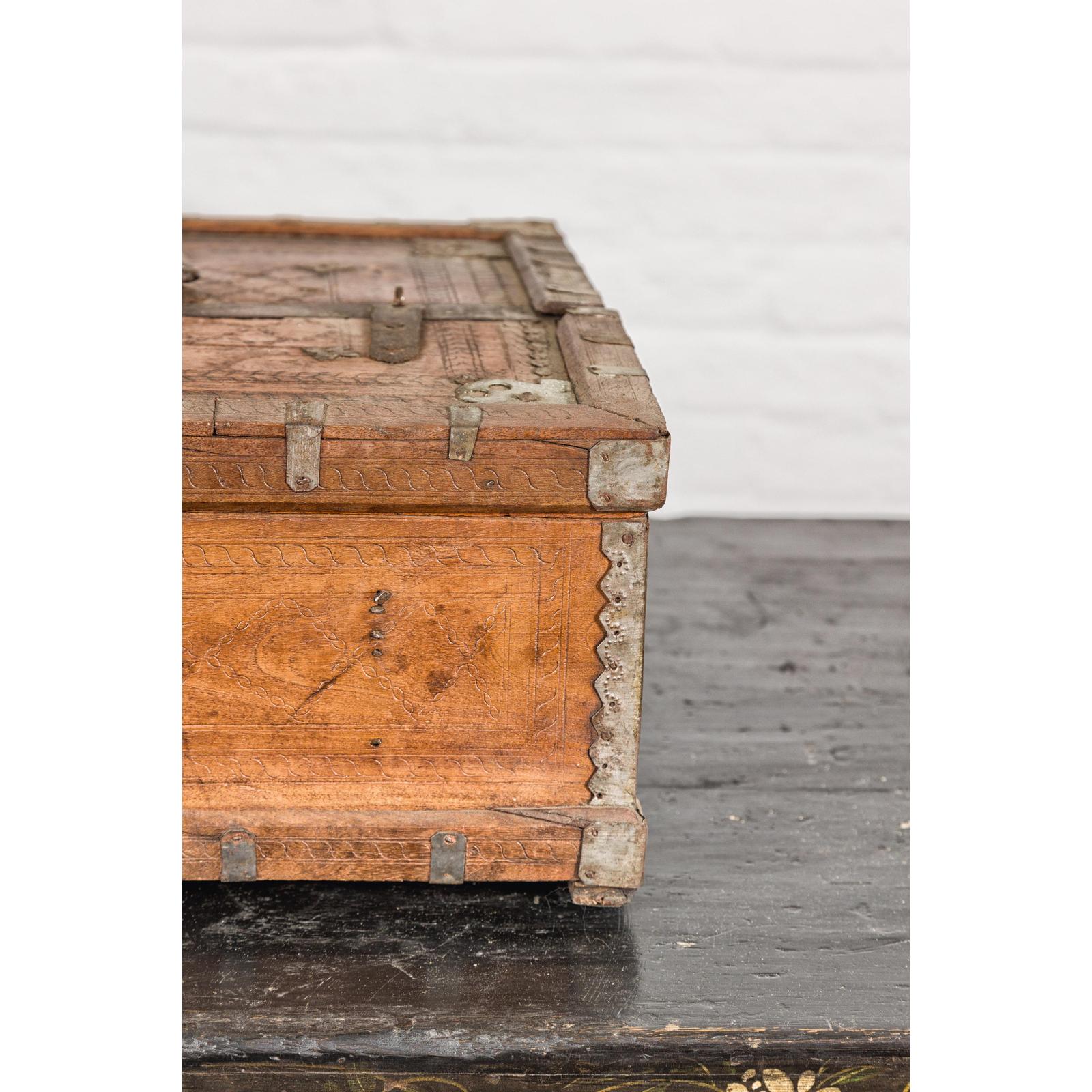 Antique Wooden Box with Diamond Motifs and Wave Patterns