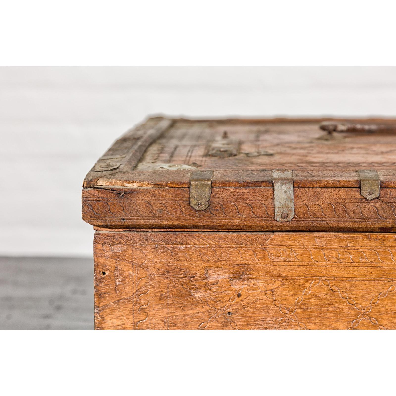 Antique Wooden Box with Diamond Motifs and Wave Patterns