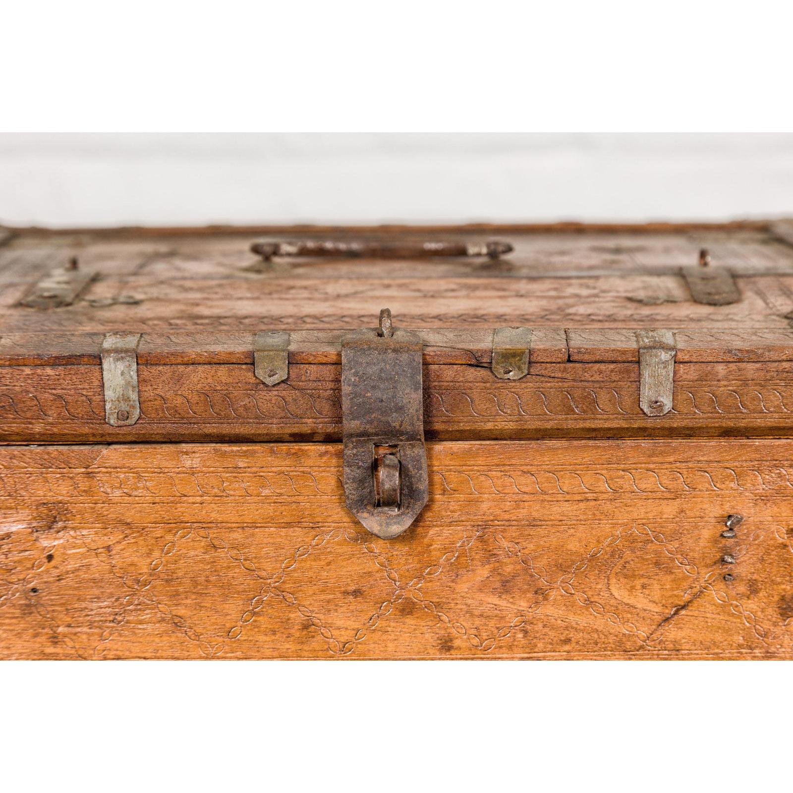 Antique Wooden Box with Diamond Motifs and Wave Patterns