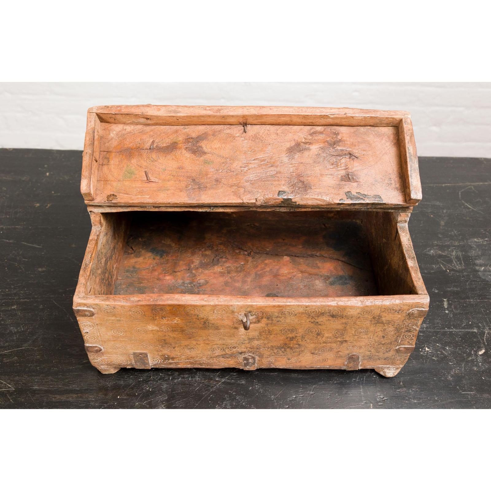 Antique Document Box with Incised Concentric Motifs and Partial Opening Top