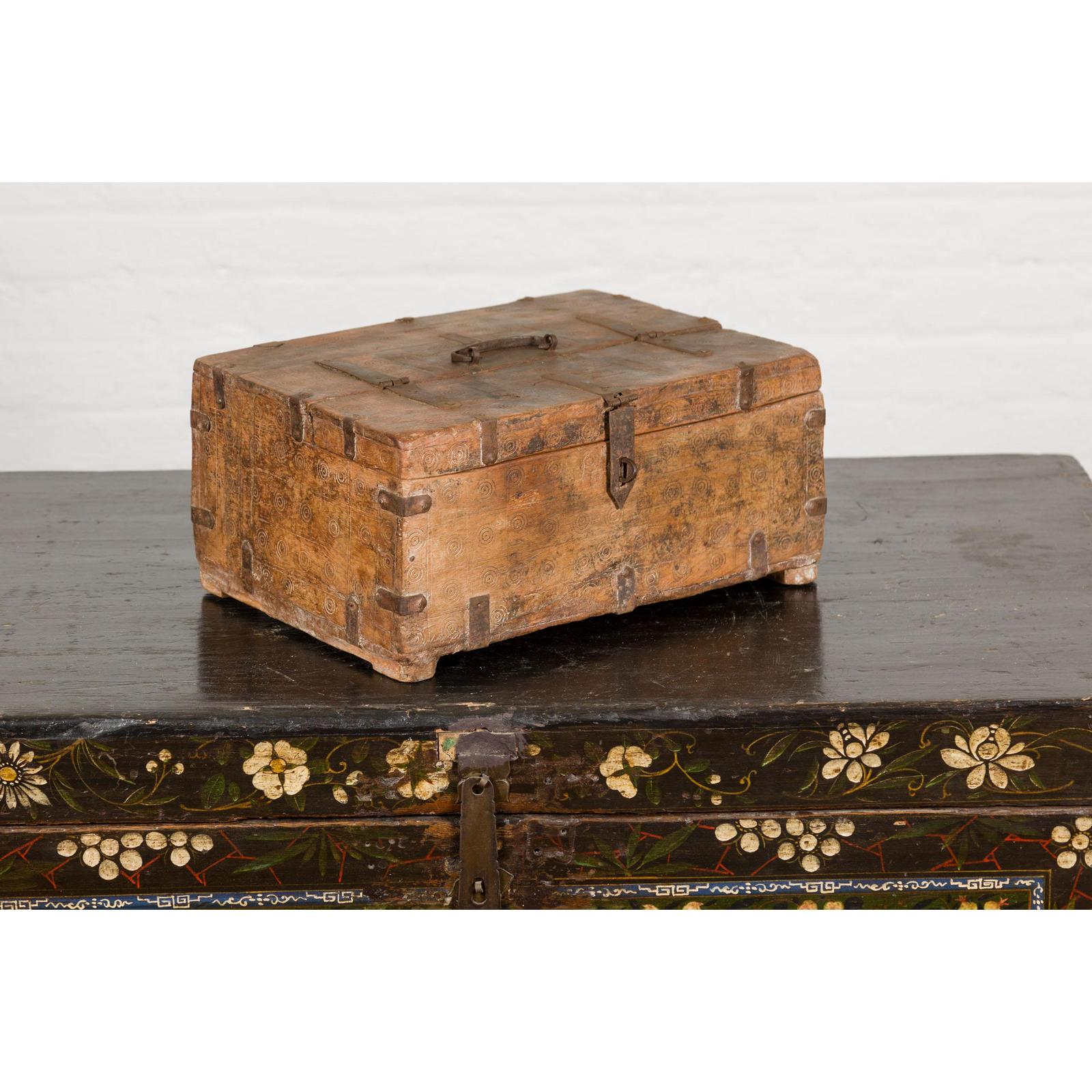 Antique Document Box with Incised Concentric Motifs and Partial Opening Top