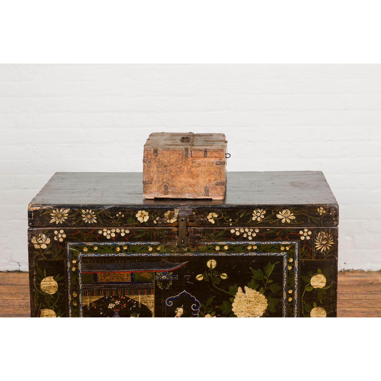 Antique Document Box with Incised Concentric Motifs and Partial Opening Top