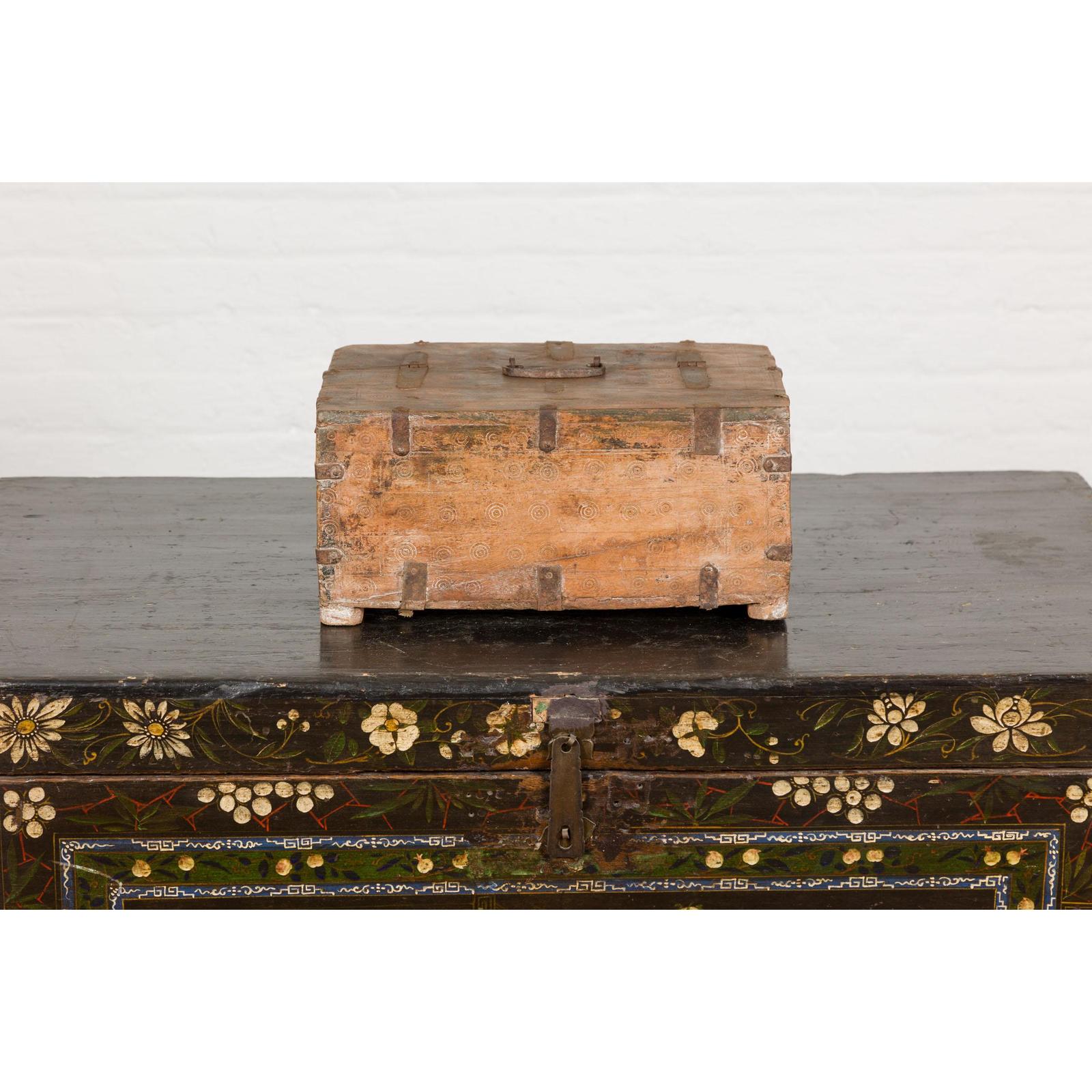 Antique Document Box with Incised Concentric Motifs and Partial Opening Top