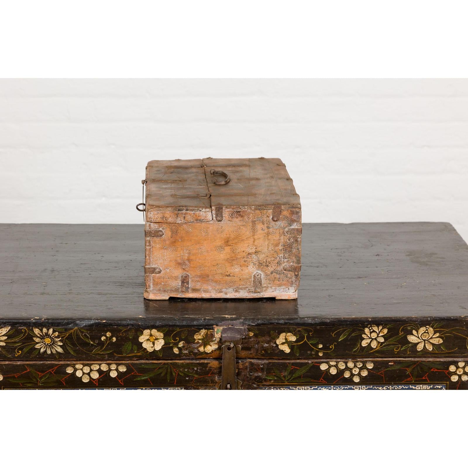 Antique Document Box with Incised Concentric Motifs and Partial Opening Top