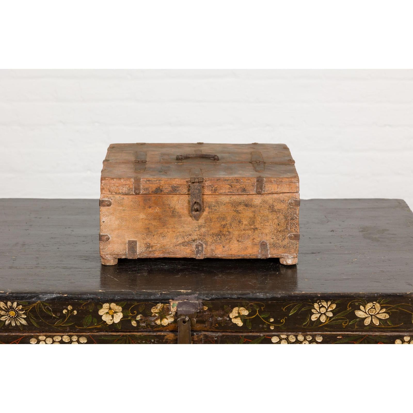 Antique Document Box with Incised Concentric Motifs and Partial Opening Top