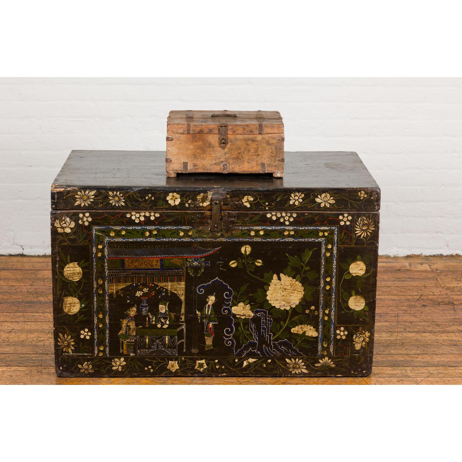 Antique Document Box with Incised Concentric Motifs and Partial Opening Top