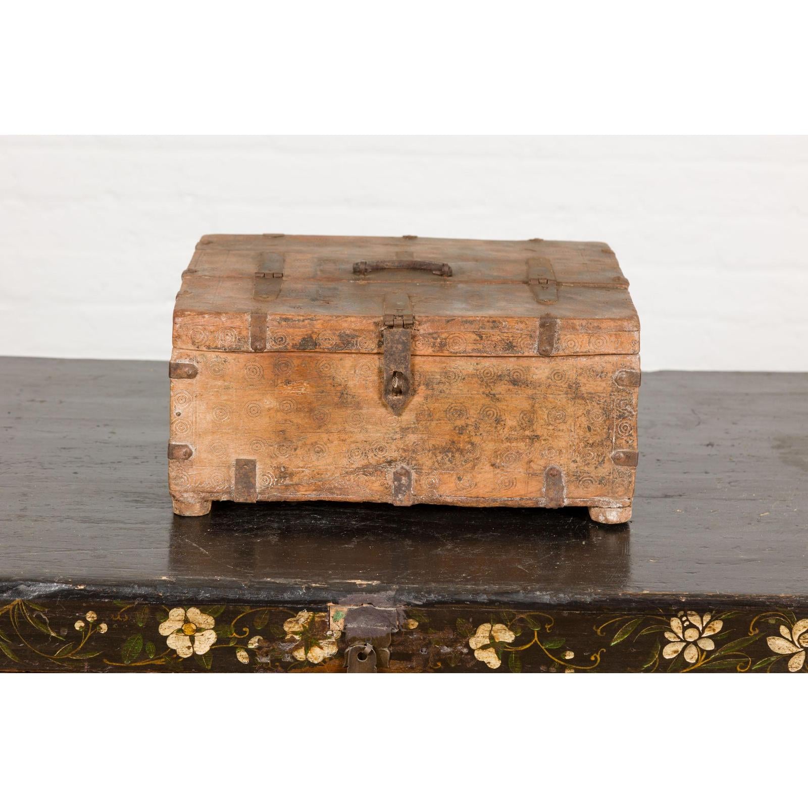 Antique Document Box with Incised Concentric Motifs and Partial Opening Top