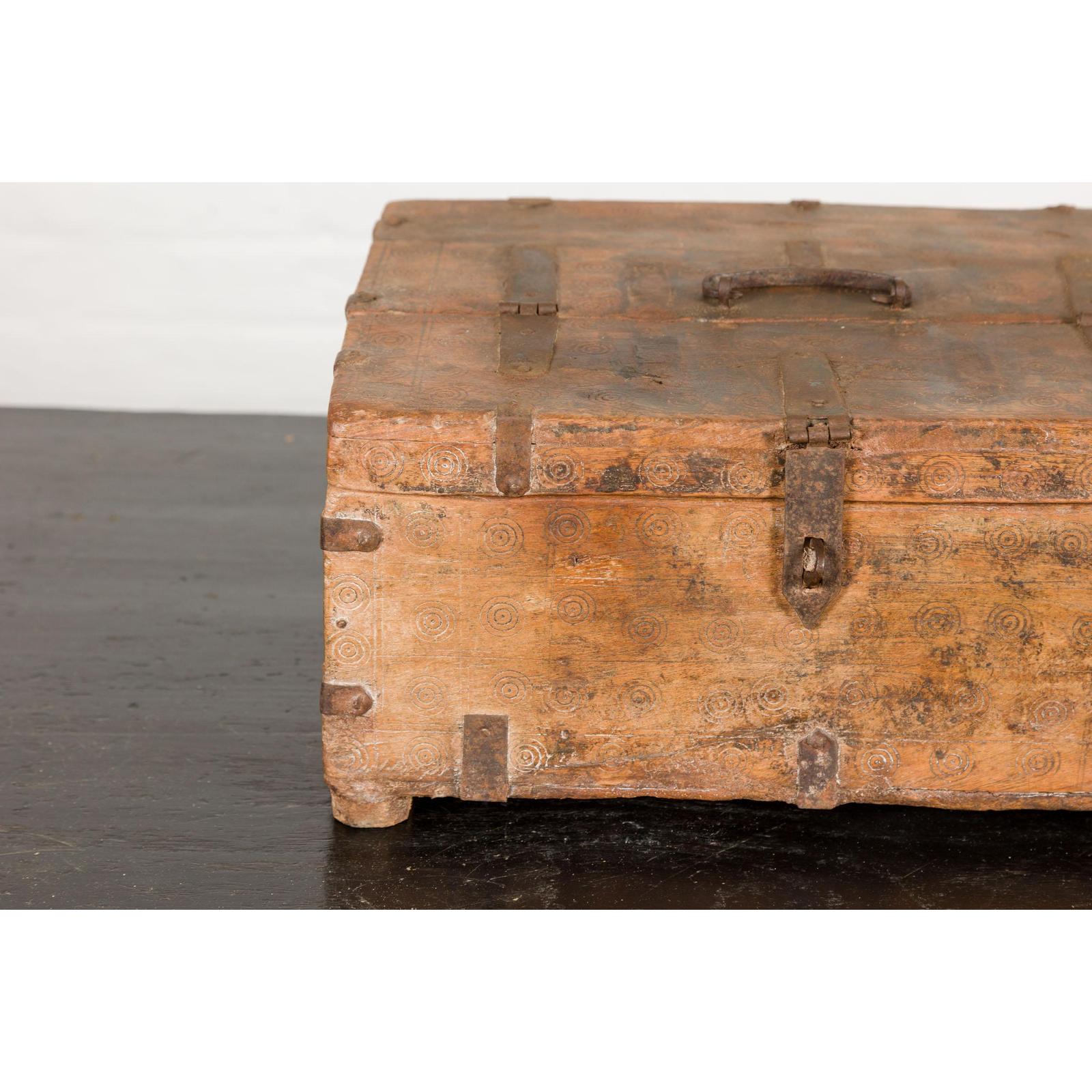Antique Document Box with Incised Concentric Motifs and Partial Opening Top