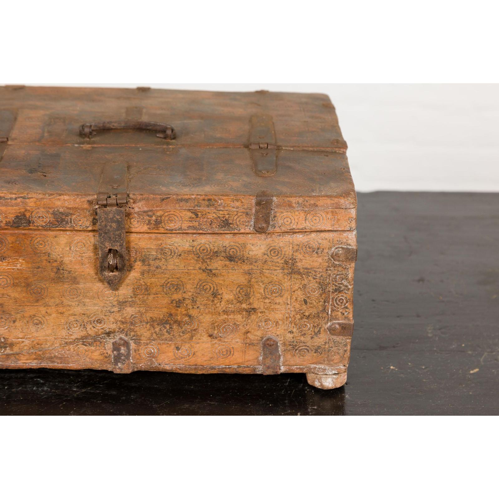 Antique Document Box with Incised Concentric Motifs and Partial Opening Top